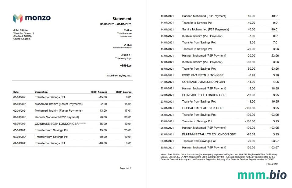 Szablon wyciągu bankowego Monzo w formacie Excel i PDF (3 strony)